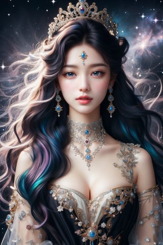 busty and sexy girl, 8k, masterpiece, ultra-realistic, best quality, high resolution, high definition, diamond crown, diamond earrings, diamond necklace, black low-cut princess dress, intricate pattern, black smoky eyeliner, COSMO, GALAXY,stardust ,Her hair is the highlight, flowing around her head with white to iridescent hues,COSMOG