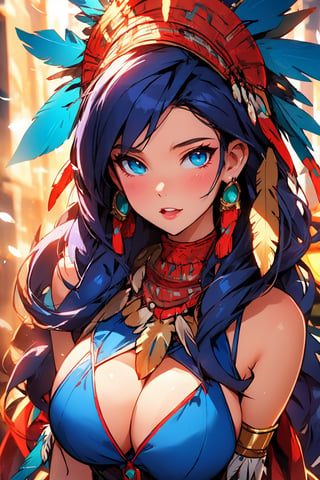 busty and sexy girl, 8k, masterpiece, ultra-realistic, best quality, high resolution, high definition, Tribal girl, feather headdress, BLUE DRESS