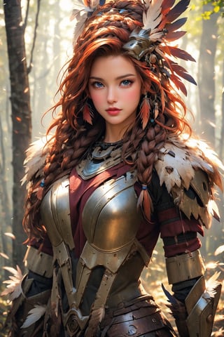 busty and sexy girl, 8k, masterpiece, ultra-realistic, best quality, high resolution, high definition, viking girl, primative clothing with mecha armor, forest,feather headdress