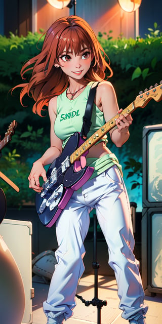 masterpiece, beat quality, woman standing front to the camera with the face, ((wearing a tank top)), (((white jeans))) and (((playing a telecaster Guitar))) with finely detailed beautiful brown eyes and detailed face a sexy smile and long_hair.
cinematic lighting,
8k uhd, dslr, soft lighting, high quality, 
on the stage with a female rock band.
scandal rina