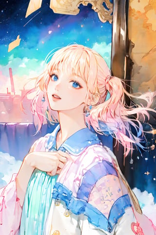 letterbox, portrait closeup, open mouth, starry sky, solo, blue eyes, 1girl, sky, (masterpiece, detailed, highres:1.4), capturing the quiet beauty and soothing essence of a woman in a whimsical, pastel watercolor world, amano yoshitaka,scandal mami, 