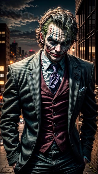 “Creates a striking visual representation of the Joker patrolling the leafy streets of Gotham City. It emphasizes the gloomy atmosphere and the Dark Knight's unique silhouette as he stands atop Gotham's towering rooftops. Joker's purple suit flutters in the night breeze. He turned his head to look at the camera. with a villainous smile to evoke the essence of evil and mystery that defines this iconic villain.”