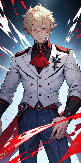 1man, young man, 25 years old, tall man, short curly hair, white blonde hair, blood red eyes, pointed ears,elf ears, ,wrench_genshin_style, school uniform, (schoool uniform: white blue) fantasy clothing, dynamic pose, masterpiece, aesthetic body, fitness body, ectomorph body, hd, 8k, high quality, perfect face, detailed eyes, relax face, pyromancer