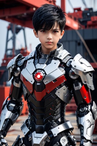 masterpiece, best quality, 1boy, dynamic pose in shipyard, black hair short hair one side up, robot eyes, red eyes, armor, CyberskullAI ,cyborg style