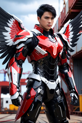 masterpiece, best quality, 1boy 37 yo, angel amor big wings, dynamic pose in shipyard, black hair short hair one side up, robot eyes, black eyes, red white lightning armor , CyberskullAI ,cyborg style,16k, UHD,realistic,neon