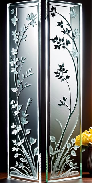 Create a highly realistic image that captures the essence of a refreshing summer atmosphere.  Two pieces of exposed sandblasted glass are placed on the left and right sides, each of which is delicately carved with elegant flowers, creating a peaceful and comfortable atmosphere.  This ensures that the fine textures of the wisteria carvings on the glass appear in clear, realistic detail, enhancing the overall realism of the scene.