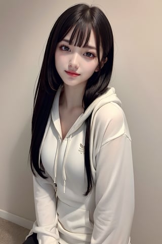 (masterpiece, best quality, photorealistic, high resolution, 8K raw photo), 
1girl, slender, Korean girl, smooth soft parl skin, detailed fair skin, black hair, (brown eyes, black eyes), small boobs, A slightly troubled face,
detailed skin, pore, lovely expression, blunt bangs, sheer bangs, realistic, cute look, cute smile,
Break
wet skin, wet body, 
wearing(gym wear, hoodie, pencil skirt, wet), cowboy shot, face focus:1.2,
beauty model, beige plain background, training gym, training room, Detailedface, 
Realism, Epic ,Female, Portrait, Raw photo, Photography, Photorealism, SGBB, alluring_lolita_girl, Young beauty spirit  ,little_cute_girl, ,hands,jirai_kei