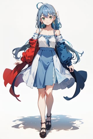 blue hair, long hair, red shirt, blue skirt, long skirt, ahoge, earrings, blue leggings, kingdom of rosas outfits, kingdom of rosas style, green eyes, gray blue skirt, red bareshirt, red off-shoulder shirt, fullbody,[(white background:1.5)