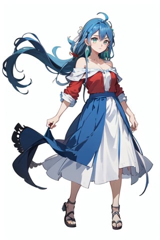 blue hair, long hair, red shirt, blue skirt, long skirt, ahoge, earrings, blue leggings, kingdom of rosas outfits, kingdom of rosas style, green eyes, gray blue skirt, red bareshirt, red off-shoulder shirt, fullbody,[(white background:1.5)