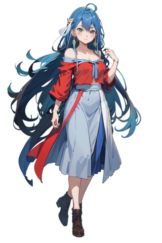 blue hair, long hair, red shirt, blue skirt, long skirt, ahoge, earrings, blue leggings, kingdom of rosas outfits, kingdom of rosas style, green eyes, gray blue skirt, red bareshirt, red off-shoulder shirt, fullbody,[(white background:1.5)