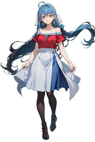 blue hair, long hair, red shirt, blue skirt, long skirt, ahoge, earrings, blue leggings, kingdom of rosas outfits, kingdom of rosas style, green eyes, gray blue skirt, red bareshirt, red off-shoulder shirt, fullbody,[(white background:1.5)