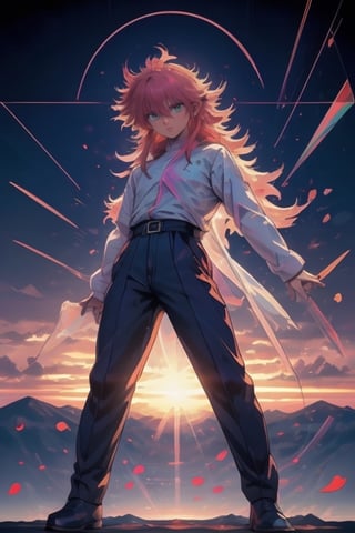 Masterpiece, Top Quality, 1 handsome boy, solo, red hair, long hair,hair between eyes, (messy hair:1.1), green eyes, sidelocks, pink school uniform, pink uniform,trousers, red rose, scattered rose petals,(realistic skin),  caper pose, 
japan citys skyline background , sunset, magic hour, fisheye lens, high definition, artistic composition, composition from below,  action pose,  blurred distant view, motion blur, dancing white light, ultra detailed graphic tension, dynamic poses, stunning colors, 3D rendering, cinematic lighting effects, realism, 00 renderer, super realistic, full body photos, super vista, (super wide Angle), HD, (head looking up at the audience), shot with tension, Visual impact, photorealistic, back light,((dramatic lights)),shot with tension, Visual impact