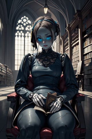 best quality, masterpiece,  realistic illustration, (mechanical), 8k ,artistic photography, perfect light,1 doll,bjd,sitting in old library