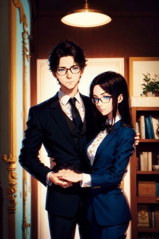 Two butlers wearing glasses, facing the camera in a modern, cozy room. The butler on the left has long black hair and is pointing towards the camera with a gloved hand, while the butler on the right has shorter brown hair and a calm expression. They are dressed in formal black suits with white accents. The background features a bookshelf, a stylish lamp. The lighting is warm and creates a welcoming atmosphere,hug,blue eyes,1boy,1girl,Oil Painting