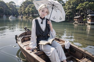 (1girl, black hair, black hair,  black dress,  hair bow ,jewelry, necklace, holding umbrella), 
(1boy, white hair, holding book, book, reading, white shirt, white trousers,) 
(((1 boy 1 girl)), sitting in boat, boat on water), realistic, watercraft, trees,flowers