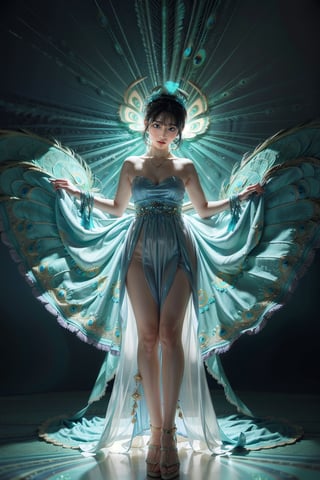 1girl, solo, simple background, white background, dress, jewelry, standing, full body, necklace, blue dress, long dress, peacock feathers, gold_jewelry, turquoise, peacock_jewelry,wrenchfaeflare,glowing,flash,flashlight, ,masterpiece,best quality,Bomi