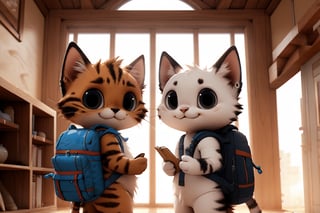 cute kittens with backpacks, standing next to each other, in the style of daz3d, isaac cordal, studyblr, soft, romantic scenes, rinpa school, doug hyde, warm tones,(facing_viewer),furry