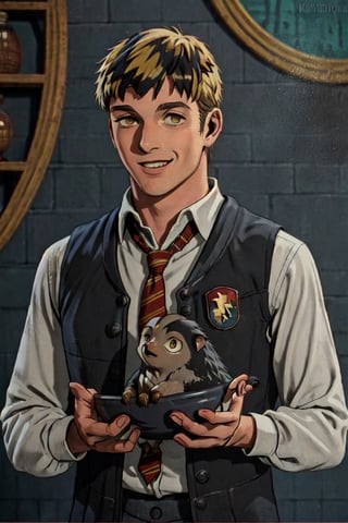 solo, 1male, Laios Touden, blond hair, short hair, light gold eyes,handsome,smile:1.1,Hogwarts Gryffindor house school uniform,((holding a Niffler)),   upper body in frame, perfect anatomy, perfect proportions, (best quality, masterpiece), (perfect eyes, perfect eye pupil), high_resolution, dutch angle, (Hands:1.1), better_hands,dynamic light, cinematic light, glow background, vintage style, oil painting striking brushstrokes background greyish, by konstantin razumov, Jean Baptiste Monge,photorealistic,analog,Laios Touden,nodf_lora,hogrobe,Hogwarts background