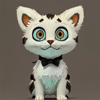 solo, looking at viewer, simple background, bow, green eyes, upper body, bowtie, grey background, no humans, cat, white bow, colored sclera, black cat, white bowtie, yellow sclera, whiskers, black fur,disney pixar style