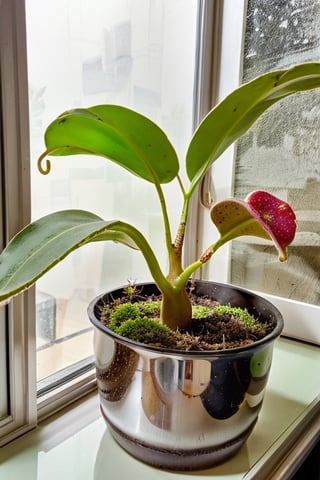 indoors, window, leaf, plant, potted plant, food focus, still life, flower pot, nepenthes