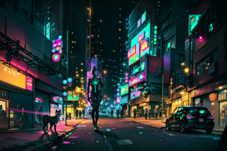 outdoors, city, street, cyber, sLong exposure view,in the style of Atompunk,  Fantasy astronomy Blacklight Painting, 8k ,neon sign ,an undead woman with translucent skin, with a grotesque adorable skeleton cat on leashes across the street road