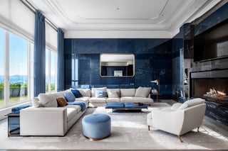 living room HomeAdvisor,neoclassical style, soft light,mild and undramatic blue colors,A plain palate emphasized the stoic, superior sense of form that the Neoclassical embodied,fireplace, lamps, window with beautiful view,8k,real photo,Masterpiece,A-Class,md