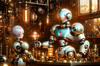 Dark aesthetic,  (tiny cute translucent polycarbonate sci-fi robots), polycarbonate plastic frame, stunning unreal engine render, intricate details,robotboy,Oil Painting,ROBOT