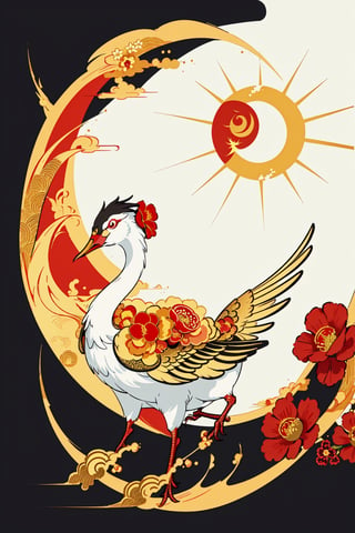 Luxury gold oriental style background vector. Japanese , Chinese oriental line art with red flower and golden texture, Swan bird and sun. Natural Wall arts for print and home decor.,wtrcolor style