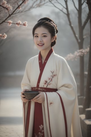 Han Dynasty, winter, heavy snow. A super beautiful Chinese 17-year-old girl, laughing, gorgeous in warm Hanfu, walking on the path, plum blossoms blooming, photo style, chiaroscuro, reflected light, ultra high definition, masterpiece, textured skin, ultra Detail, high resolution,
