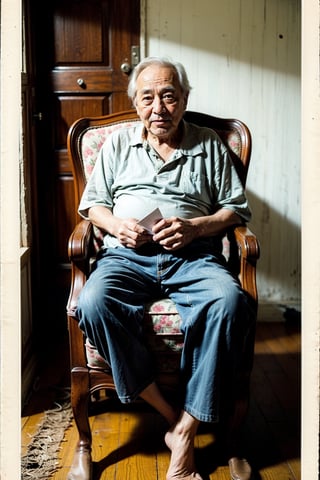 A shabby house, an old man sitting alone on the chair, holding the old photo in his hand