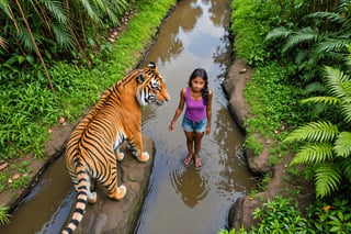 Indian jungle, a Bengal tiger cub and a beautiful Indian girl by the creek, group photo, bird's-eye view, (photographed from an altitude of 150 meters), ultra-wide angle, long-distance shot, long shot,Remove the excess tail