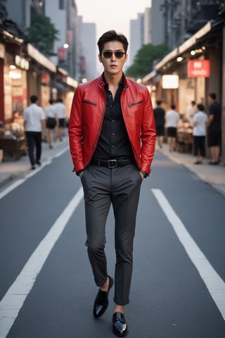 At dusk, a super handsome Korean (uncle), top: black slim-fitting short-sleeved shirt
Bottoms: Dark gray casual straight pants
Jacket: Red short leather jacket
Shoes: black fashionable casual shoes
Accessories: black belt, sunglasses
(A deserted city street)
Ultra-realistic, ultra-clear, rich in details, extremely high resolution, full body photo, 16k