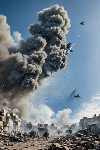 Epic modern war, shattered buildings and broken roads indicate fierce battles, fighter planes streak across the sky, leaving long smoke tails, determined soldiers march forward bravely in the smoke, super realistic, super Sharp, intricate details, ultra-wide lens 16k,Extremely Realistic