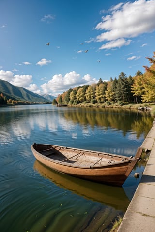 Autumn, Russian lakeside hut, a few small wooden boats, lakeside forest, mountains in the distance, super blue sky (the edge of the clouds is very clear when the sun shines on it), a few maple leaves floating on the lake, the sky Swans flying in formation, strong rim light, sharp shadows, photo, rich details, complex details, ultra-clear, ultra-realistic, ultra-wide angle lens, photorealism, long lens, film grain,