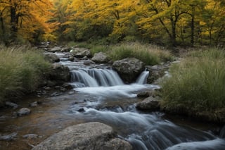 In autumn, a meandering stream flows into the distance. Fish swim in the bottomed stream in the early morning. A deer is drinking water by the stream. A pair of migrating swans fly in the sky. Reeds sway in the wind. The blue sky White clouds and endless green mountains, ultra-realistic, ultra-clear, rich in details, extremely high resolution, ultra-wide-angle lens, long shot, SD 1.5