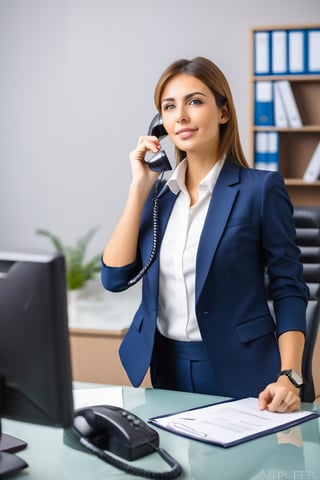 30 years old female secretary working in her office, answering the phone. caucasian woman,

Conservative clothes, professional, flat chest, slender, tanned, attractive, asymmetric_bangs, long hair, 
