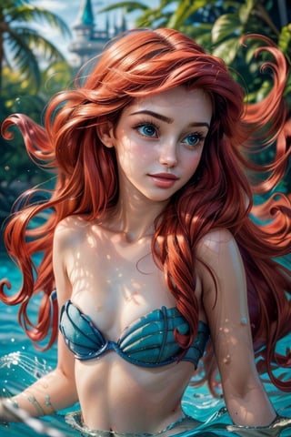 ((best quality)), ((masterpiece)), ((realistic)); a girl, elegance, flowing lines, organic shapes, harmonious composition, shiny skin, (lovely and charming face), ((flat_chest, underdeveloped, young)), red hair, Disney Princess Ariel costume, upper body, dynamic movement, (blue seashell on breast), fish tail, swimming in the ocean