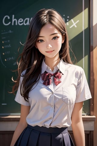 (best quality)), ((masterpiece)), ((realistic)); college student, female, college uniform, organic shapes, harmonious composition, upper body, dynamic movement, excited to start the school year, (lovely and charming face, long_hair)