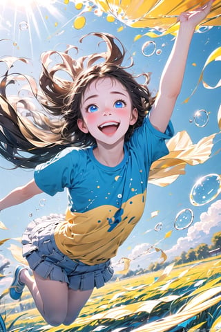 1girl,solo,white background,falling down,floating,in air,floating hair,Bubbles, blue eyes, clear sparkling deep eyes, smiling, happy, open mouth,refracted sunlight, light spots, sadness, lowered head,short hair
pastel,perfect light,1 girl