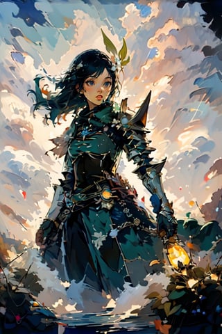 masterpiece,absurdres,best quality,extremely detailed,highres,A woman,knight in full armor,sideways,oil painting,classic painting,venti (genshin impact),EpicArt