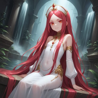 In a dimly lit, eerie chamber with crimson walls and ornate gold fixtures, a loli vampire maiden sits seductively. Her blunt bangs frame her porcelain doll-like face, while absurdly long hair cascades down her back like a dark waterfall. Detailed, colored eyelashes stretch across her eyes like delicate brushstrokes. Shiny skin glows with an otherworldly sheen. A sly smirk plays on her lips as she surveys the room. Her slender, short body is draped in a see-through layered dress with lace trim and a long slit up one side. Luxury ornaments adorn her headdress, which features parted bangs. White sleeves are translucent. The camera captures her from a Dutch angle, emphasizing her mystique and allure.score_9,