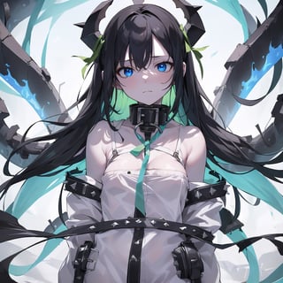 masterpiece, best quality, 1girl, solo,(white coveralls down to the upper arms and knees, green pattern on the thigh part of the clothes, green ribbons hung to the end of clothes,) ,, (upper body,loli), (((white skin))), (black hair, blue eyes, long hair, wavy hair), , standing,(shackles),  (spiked collar), (blue flames, blue fire, burning), (hell, ruins), looking at viewer, 