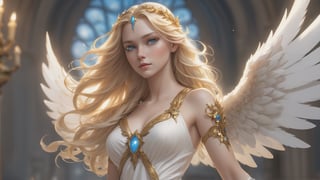 cosplay style,woman, angel  flowing blonde hair and blue eyes,  glowing engraved sword in right hand,  she is wearing a plain white dress, she has a golden laurel wreath on her head, detailed illustration, digital art, overdetailed art, concept art,sharp focus,(ultra beautyfull & details eyes & face), full character,full body art,extreme  body,dynamic pose,[((dynamic pose with cancer,[rear view,close-up],))] character concept, long hair, full body sexy shot, highly saturated colors,fantasy character, detailed illustration, hd, 8k, digital art, Dan Mumford, Krzysztof Maziarz, trending on artstation
,AngelicStyle