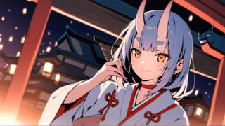 Anime-style illustration of a young oni girl at a Japanese shrine during the night. She is gently removing a Hannya mask from her face, revealing a warm smile. In the palm of her hand, a unique blue onibi (demon fire) shaped like a human face is floating, adding an eerie yet captivating glow. The girl has oni horns, a choker, and is dressed in a traditional red and white miko (shrine maiden) outfit. The background should subtly depict elements of a night-time Japanese shrine, enhancing the mystical and serene atmosphere of the scene.