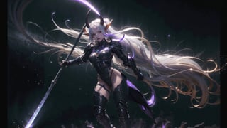 masterpiece, well illustrated, carbon particles, woman, long white hair (black, short horns), red left eye, light blue right eye, long eyelashes, round eyes, fangs, large body, heavy armor, a scythe weapon on one hand, full body, purple aura on his weapon, purple light particles floating in the background, light, darkness,scantily clad,
