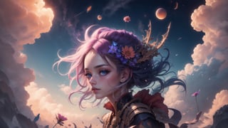 "((Fantasy art)) featuring an alien girl immersed in a celestial symphony, clouds transforming into vibrant splashes, flowers scattered like notes in the wind, a visual orchestration of color and wonder",More Detail