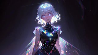 (masterpiece),(best quality), 

1girl, solo, looking at viewer, blue eyes, simple background, closed mouth, white hair, medium hair, lips, glowing, black background, portrait, glowing eyes, freckles


hologram skirt,portrait,(dress hologram:1.2), bioluminescent liquid