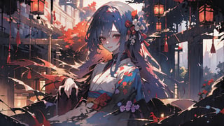 masterpiece, 1 woman, Kasumi Yoshizawa, red ribbon, flowers, garden, cute, shy, blush, smile, colorful flowers, beautiful kimono, red kimono, hands hiding behind kimono