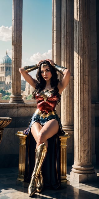 [Gal Gadot as Wonder Woman] sitting with legs apart, on a throne in the palace of Themyscira.
She is wearing her iconic red, blue and gold costume and her tiara is perched on her head. Big tits. The throne room is decorated with marble columns and intricate carvings. Wonder Woman looks out over her kingdom, with an expression of strength and determination. The image is rendered in a hyper-realistic style, with every detail of Wonder Woman's costume and surroundings rendered with stunning clarity. The colors are vibrant and saturated and the overall effect is one of majestic power and beauty,skirt_lift.