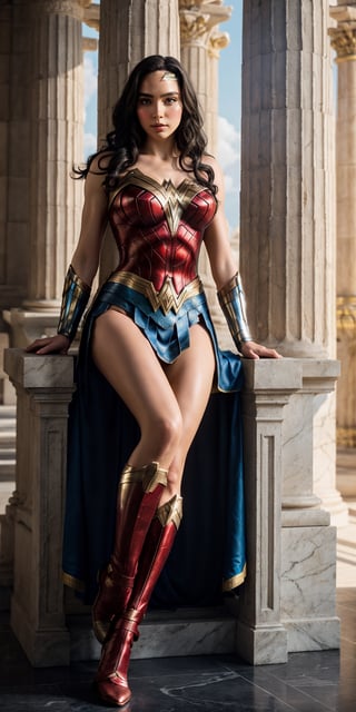 [Gal Gadot as Wonder Woman] sitting with legs apart, on a throne in the palace of Themyscira.
She is wearing her iconic red, blue and gold costume and her tiara is perched on her head. 
Big tits. The throne room is decorated with marble columns and intricate carvings. 
Wonder Woman looks out over her kingdom, with an expression of strength and determination.
The image is rendered in a hyper-realistic style, with every detail of Wonder Woman's costume and surroundings rendered with stunning clarity. 
The colors are vibrant and saturated and the overall effect is one of majestic power and beauty,